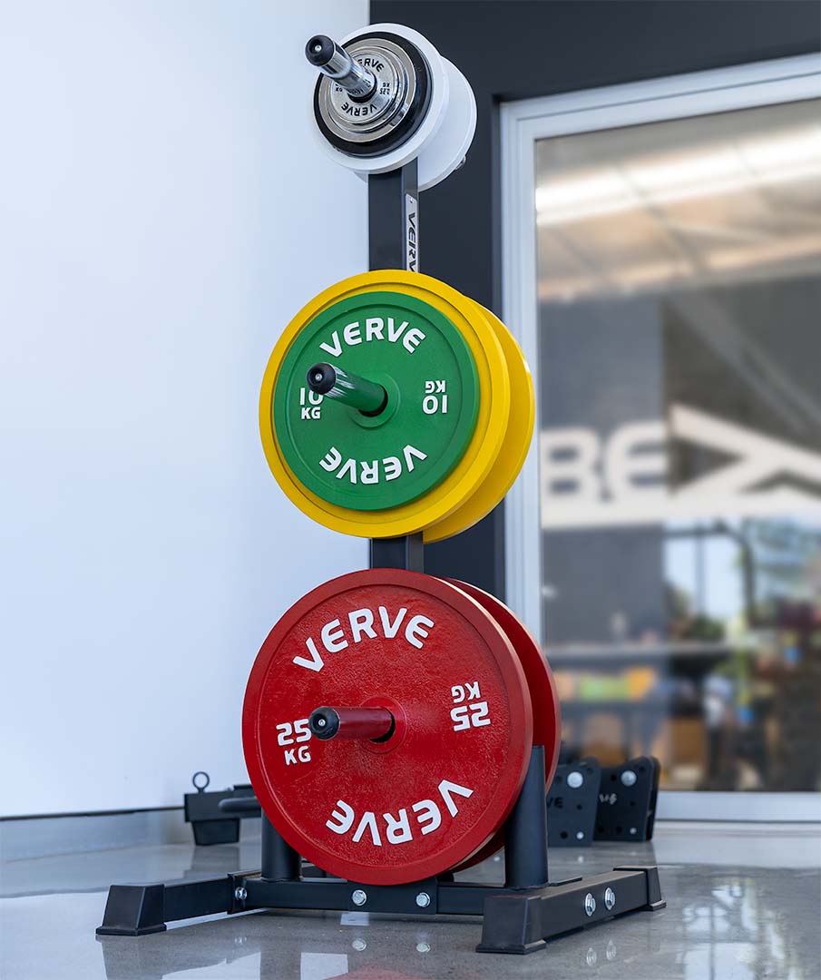 Support de disques olympique VERVE avec rangement pour deux barres