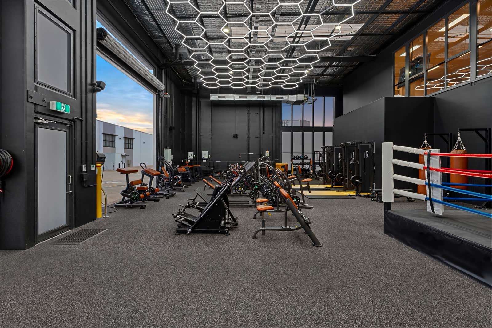 Plate-loaded Makoto machines with brown pads, roller door open on the left and a boxing ring on the right