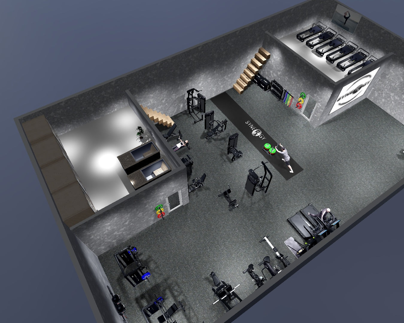 The 3D design of Synergy Rx, a cut-away view of the whole gym
